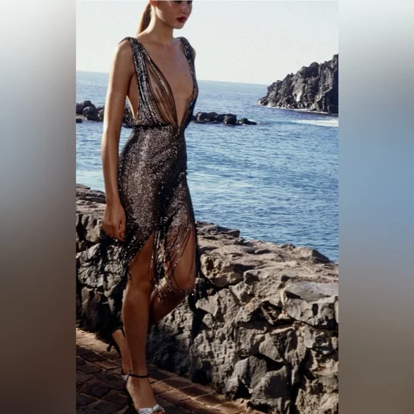 ZARA NEW WOMAN JEWEL WATERFALL DRESS WITH RHINESTONES SILVER - Picture 10 of 14